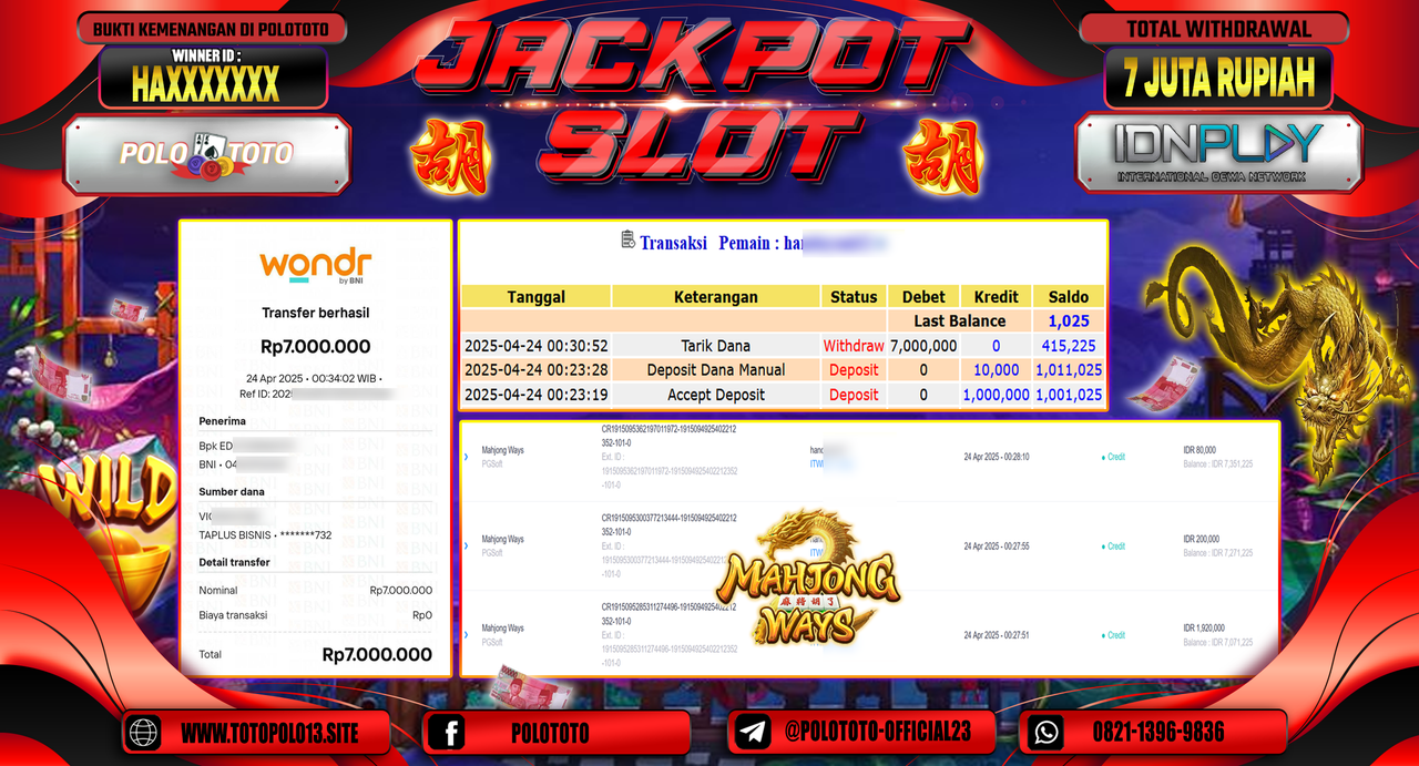 POLOTOTO JACKPOT SLOT MAHJONG WAYS Rp.7.000.000,-