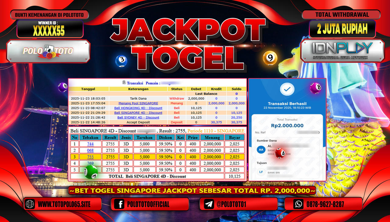 POLOTOTO JACKPOT TOGEL SINGAPORE POOLS Rp.2.000.000,- LUNAS