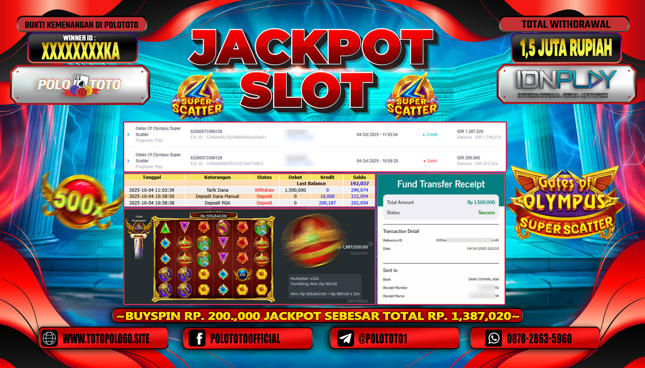 POLOTOTO JACKPOT SLOT GATES OF OLYMPUS SUPER SCATTER Rp.1.500.000,- LUNAS
