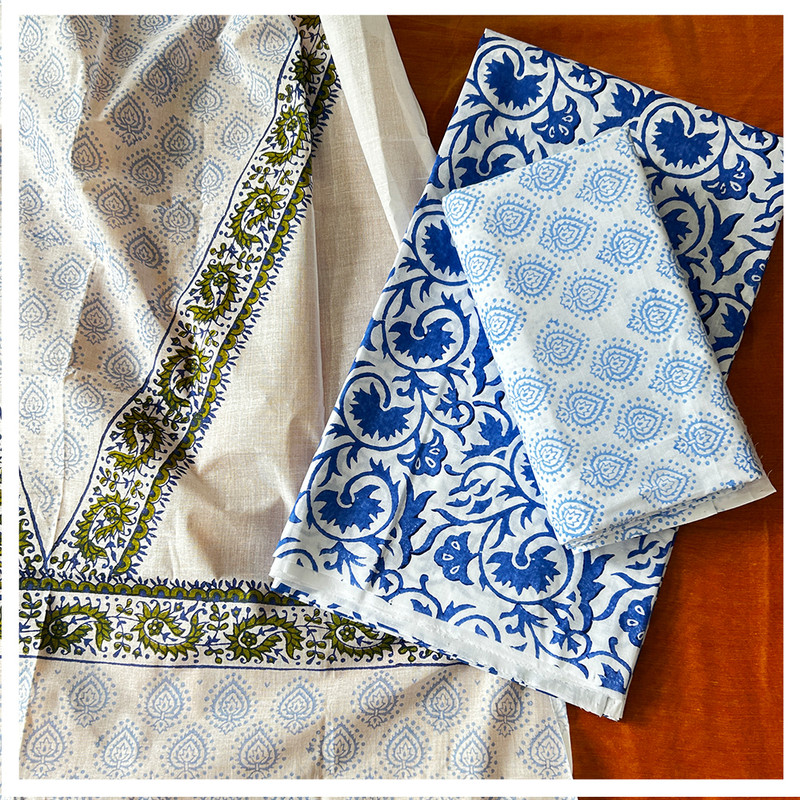 Hand Block Printed Blue Cotton Dress Material with Bottom and Graceful Dupatta