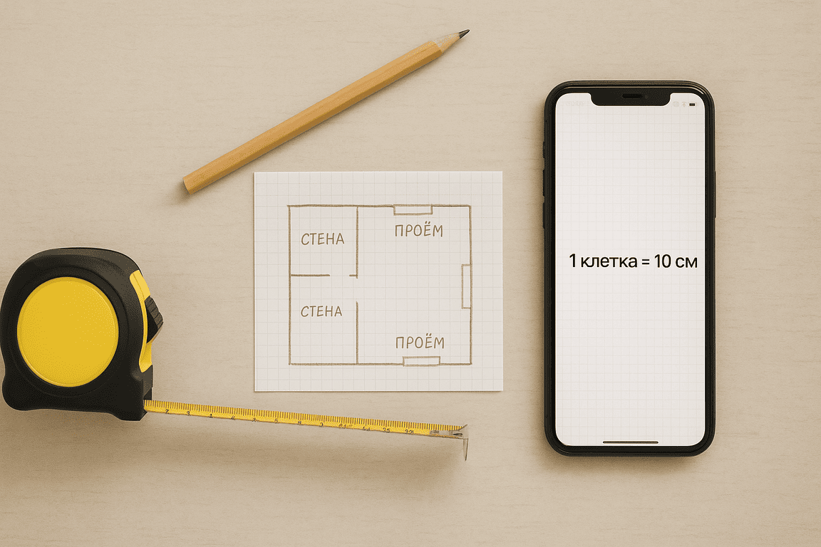 На столе рулетка, карандаш, зарисовка плана с подписанными стенами и проёмами, рядом смартфон