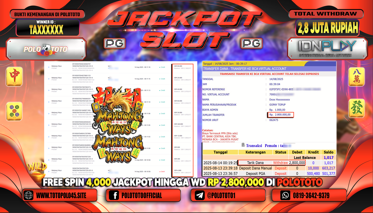 POLOTOTO JACKPOT SLOT MAHJONG WAYS Rp.2.800.000,-LUNAS