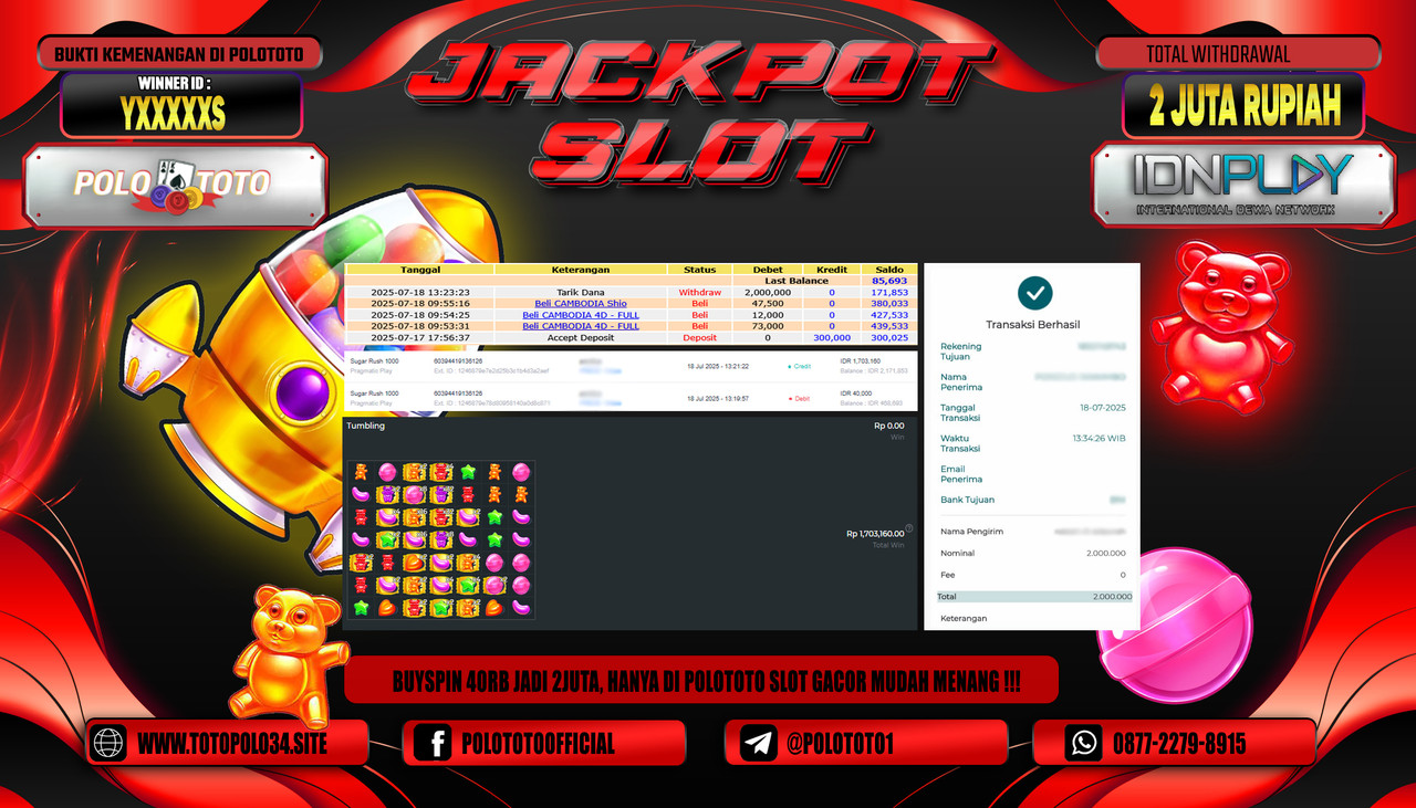 POLOTOTO JACKPOT SLOT SUGAR RUSH 1000 Rp.2.000.000,- LUNAS