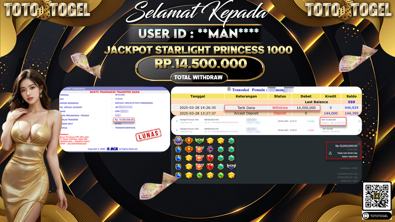 Bukti Pembayaran Jackpot  Permainan Slot Starlihgt Princess 1000 2 ID:***MAN*** LUNAS