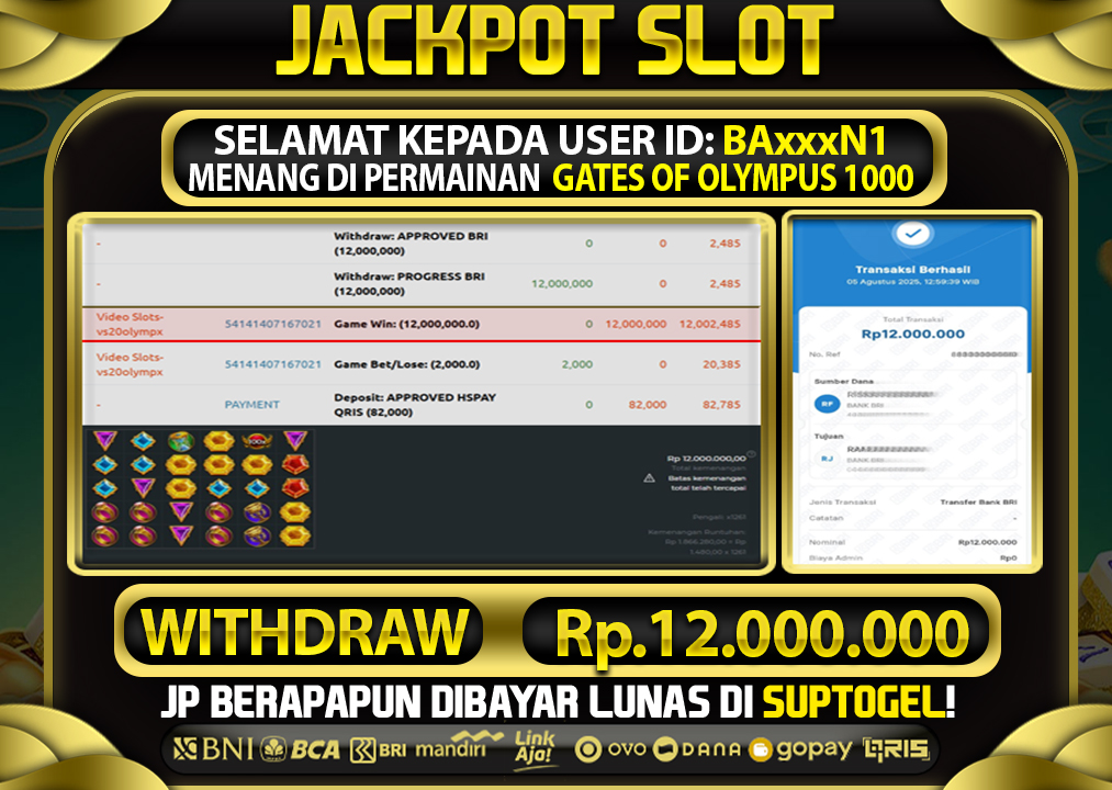  BUKTI KEMENANGAN 5 AGUSTUS 2025 MENANG DI PERMAINAN GATES OF OLYMPUS 1000  TOTAL WD 12 JUTA