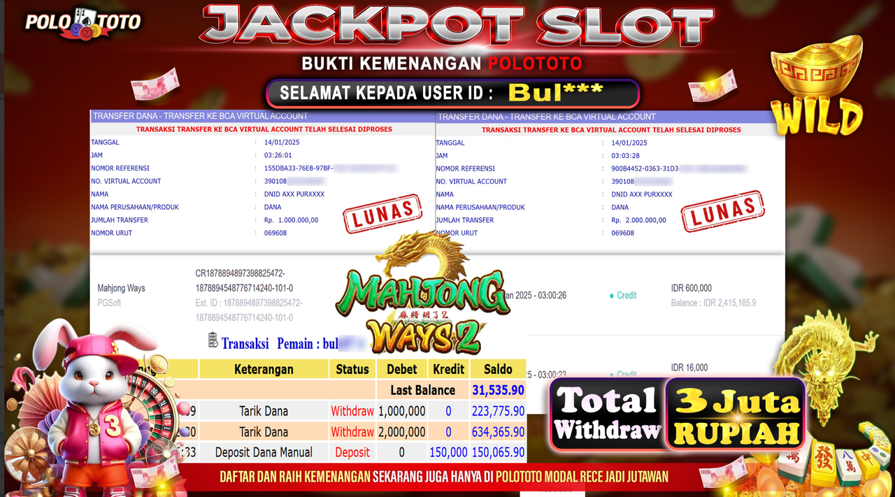 POLOTOTO JACKPOT SLOT MAHJONG WAYS 2 Rp.3,000.000,-