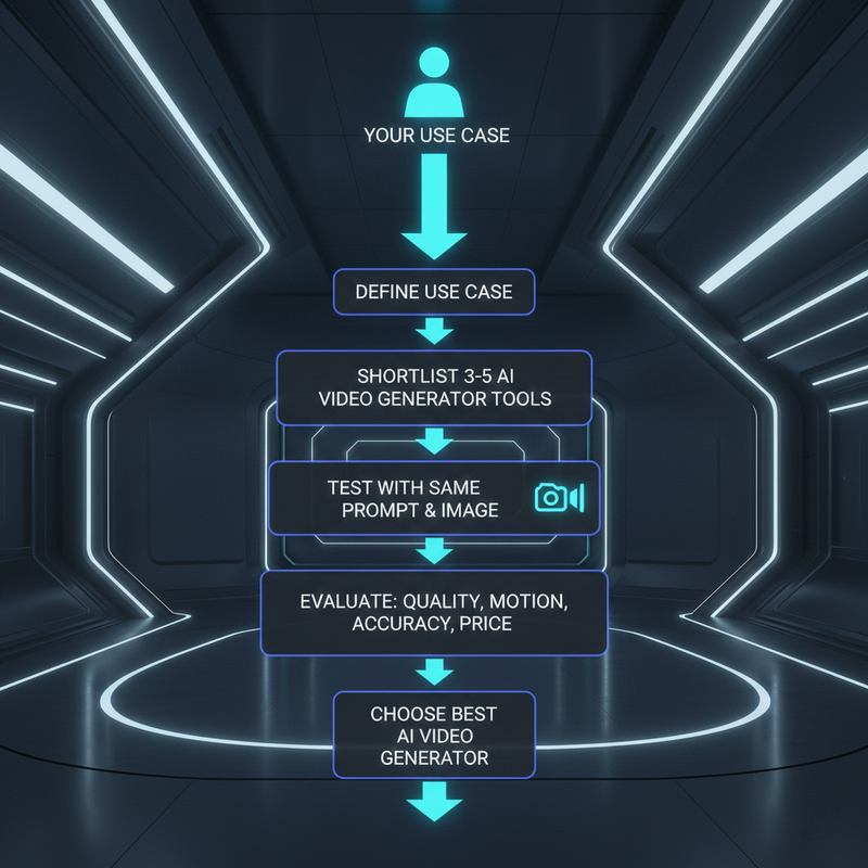 Flow diagram showing how to compare AI video generators step by step: from defining use case to shortlisting tools to testing with same prompt to evaluating quality and price