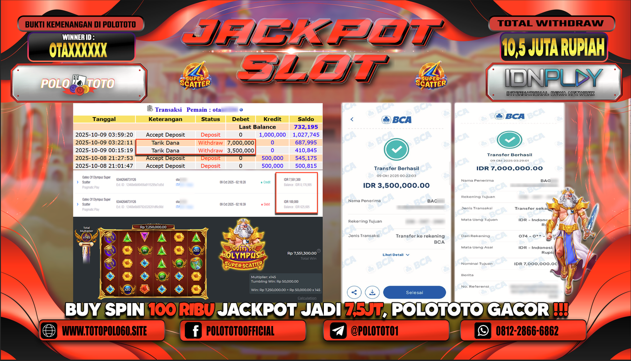 POLOTOTO JACKPOT SLOT GATES OF OLYMPUS SUPER SCATTER Rp.10.500.000,- LUNAS