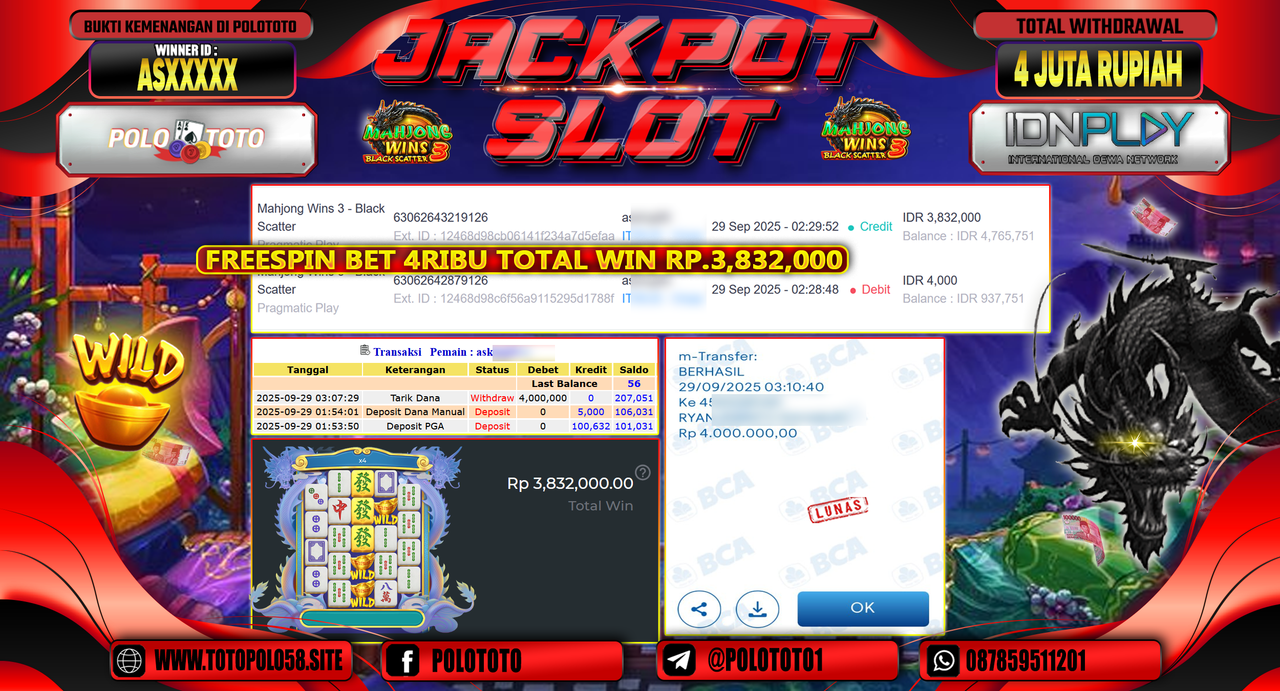 POLOTOTO JACKPOT SLOT MAHJONG WINS 3 - BLACK SCATTER Rp.4.000.000,- LUNAS