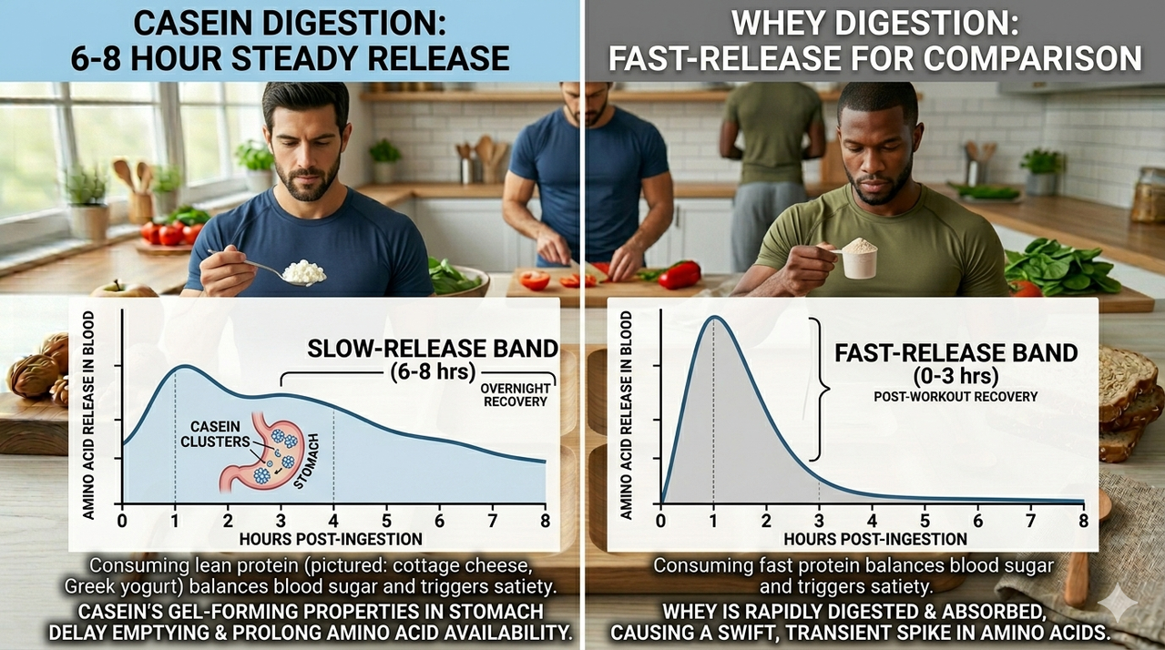 Casein protein digestion chart showing slow release over 6-8 hours for overnight muscle recovery and pre-bed meals