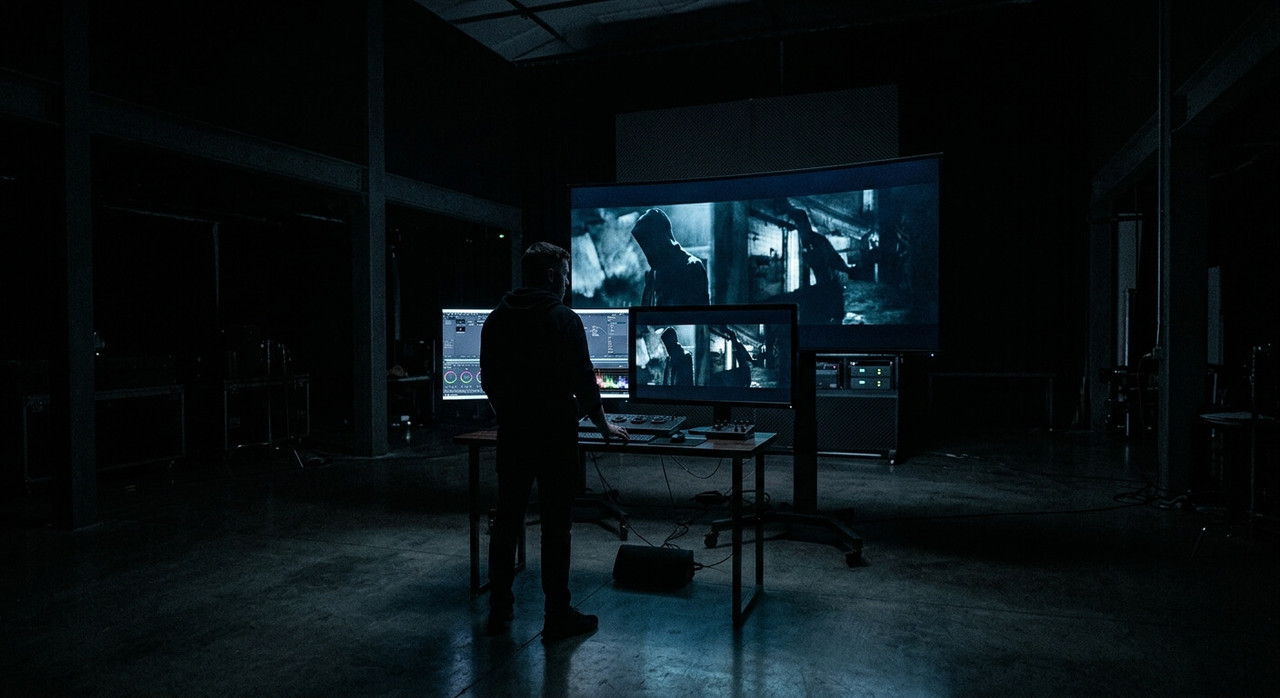 Silhouette of an editor working at an ultra-wide monitor glowing in a dark studio.