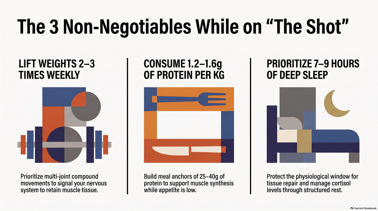 infographic of the 3 priorities for muscle preservation when taking GLP 1.