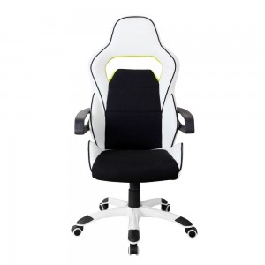 Silla gaming o ejecutiva con diseño de carreras, tapizado bicolor negro y blanco, respaldo alto y base con ruedas.