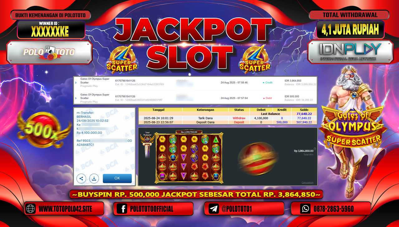 POLOTOTO JACKPOT SLOT GATES OF OLYMPUS SUPER SCATTER Rp.4.100.000,- LUNAS