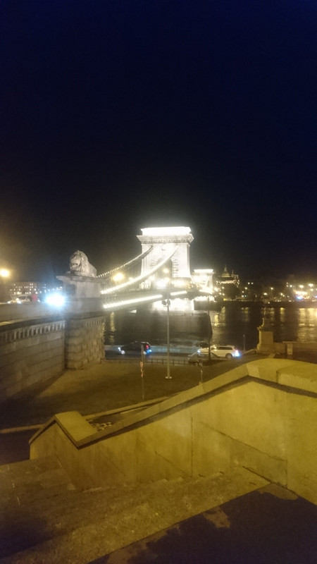 The Chain Bridge against a night sky background. The sky is black and the bridge is illuminated with lots of white lights placed on it.