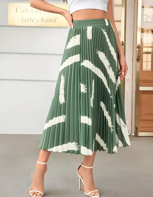 Skirt For Women | Brush Print Pleated Skirts, Vintage Elastic Waist Midi Skirts, Women's Clothing(Premium Quality) Color3 (R230)