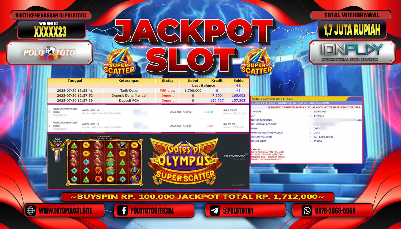 POLOTOTO JACKPOT SLOT GATES OF OLYMPUS SUPER SCATTER Rp.1.700.000,- LUNAS