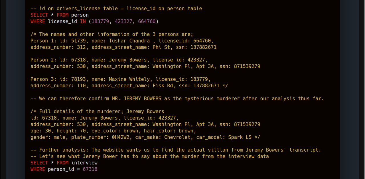 Destiny Eromhonse Obhiojie | SQL INVESTIGATIVE ANALYSIS (MURDER MYSTERY)