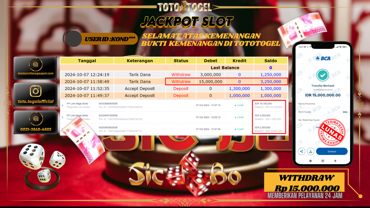 Bukti Kemenangan Permainan Slot PP Live Mega Sicbo  ID : KOND*** Terbayar Lunas!!