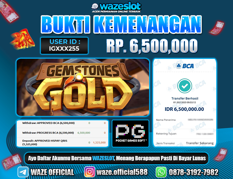 BUKTI KEMENANGAN 1 JULI 2025 DI GAME GEMSTONES GOLD