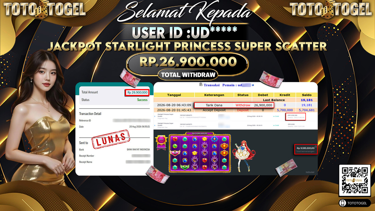 Bukti Pembayaran Jackpot Slot Starlight Princess Super Scatter ID:UD*****LUNAS