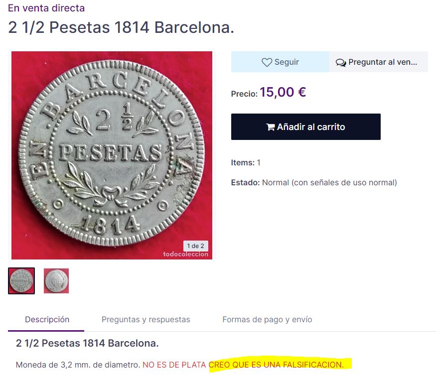 2,5 pesetas Barcelona 1814 1814