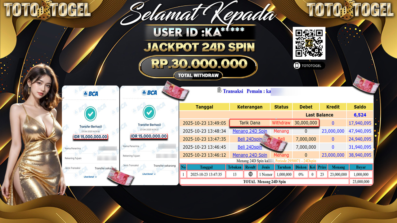 Bukti Pembayaran Jackpot Permainan Live Games ID:KA**** LUNAS