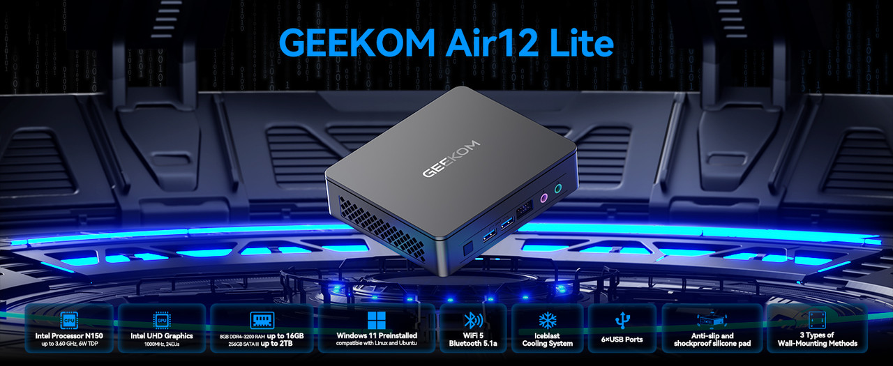 GEEKOM Air12 Lite Mini PC Intel N150 8GB DDR4 256GB SSD Windows 11