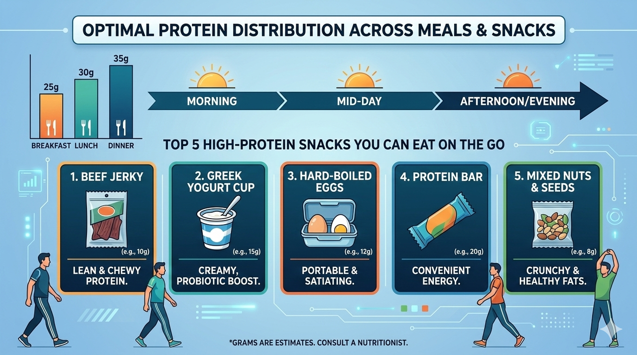 Infographic showing optimal protein distribution across meals and snacks for top 5 high-protein snacks you can eat on the go