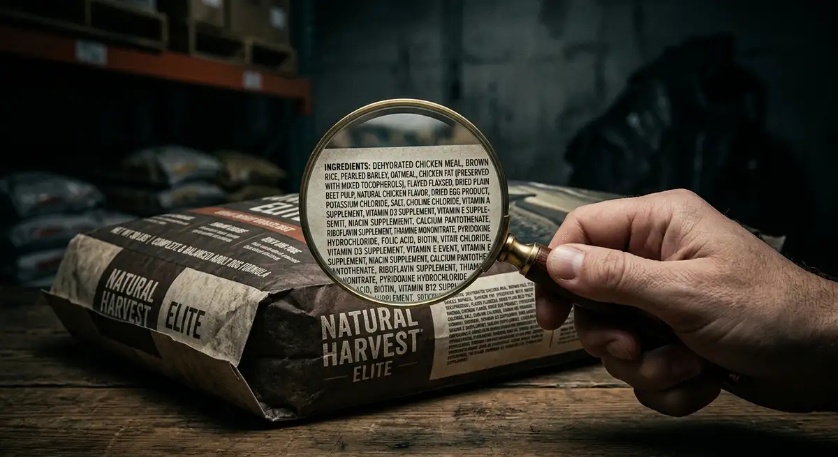 Close-up of a dog food ingredient label being examined with a magnifying glass