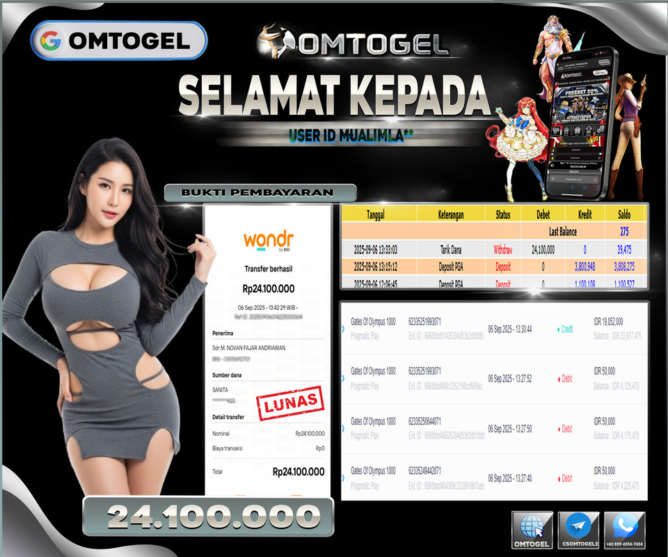OMTOGEL JACKPOT PRAGMATIC PLAY GATES OF OLYMPUS 1000 24 JUTA DI BAYAR LUNAS ,-