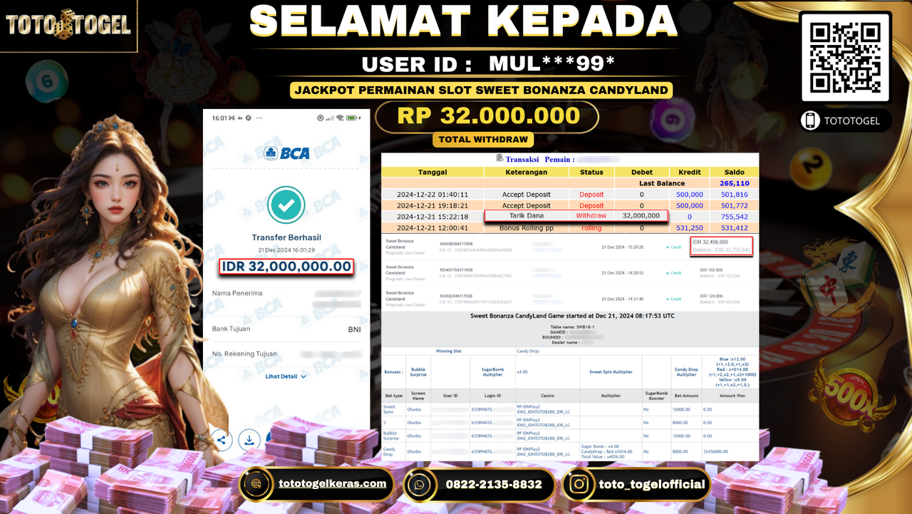 Bukti Pembayaran Jackpot  Permainan Slot Sweet Bonanza CandyLand : MUL***99* LUNAS