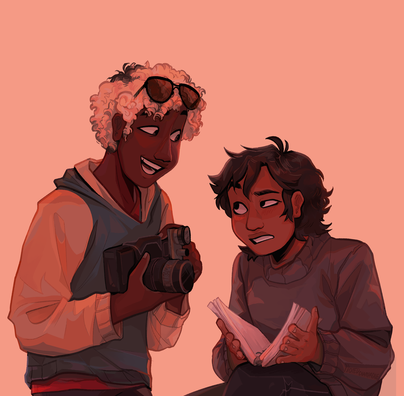 An illustration of Karkat and Dave talking. Karkat holds open a stack of paper bound by rings as though reading from it, with a questioning, somewhat exasperated expression. He is seated and wearing a gray sweater. Dave stands next to Karkat, holding a vintage camera and looking excited. His shades are pushed up into his hair and he wears a hoodie.