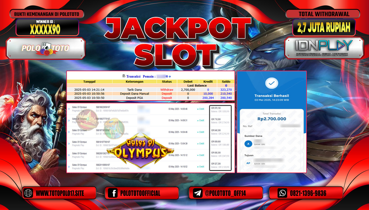 POLOTOTO JACKPOT SLOT GATES OF OLYMPUS Rp.2.700.000,-