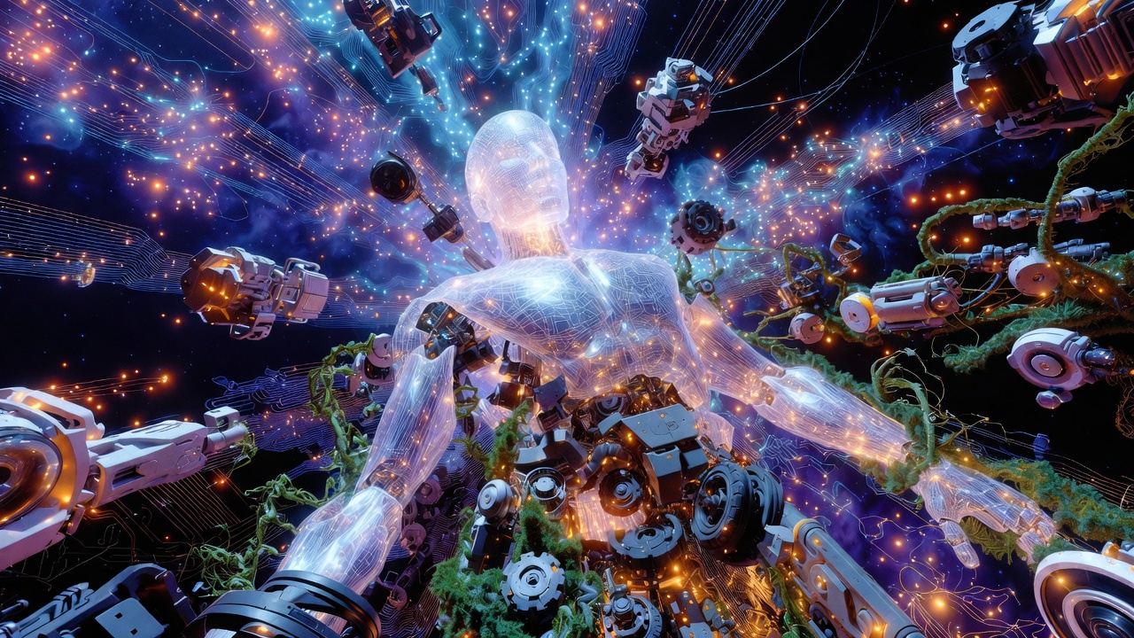 Abstract digital artwork representing key AI trends for 2026, including personal agents and robotics