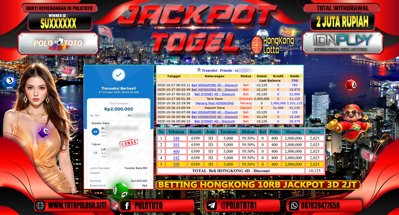 POLOTOTO JACKPOT TOGEL MENANG HONGKONG LOTTO Rp.2.000.000,- LUNAS