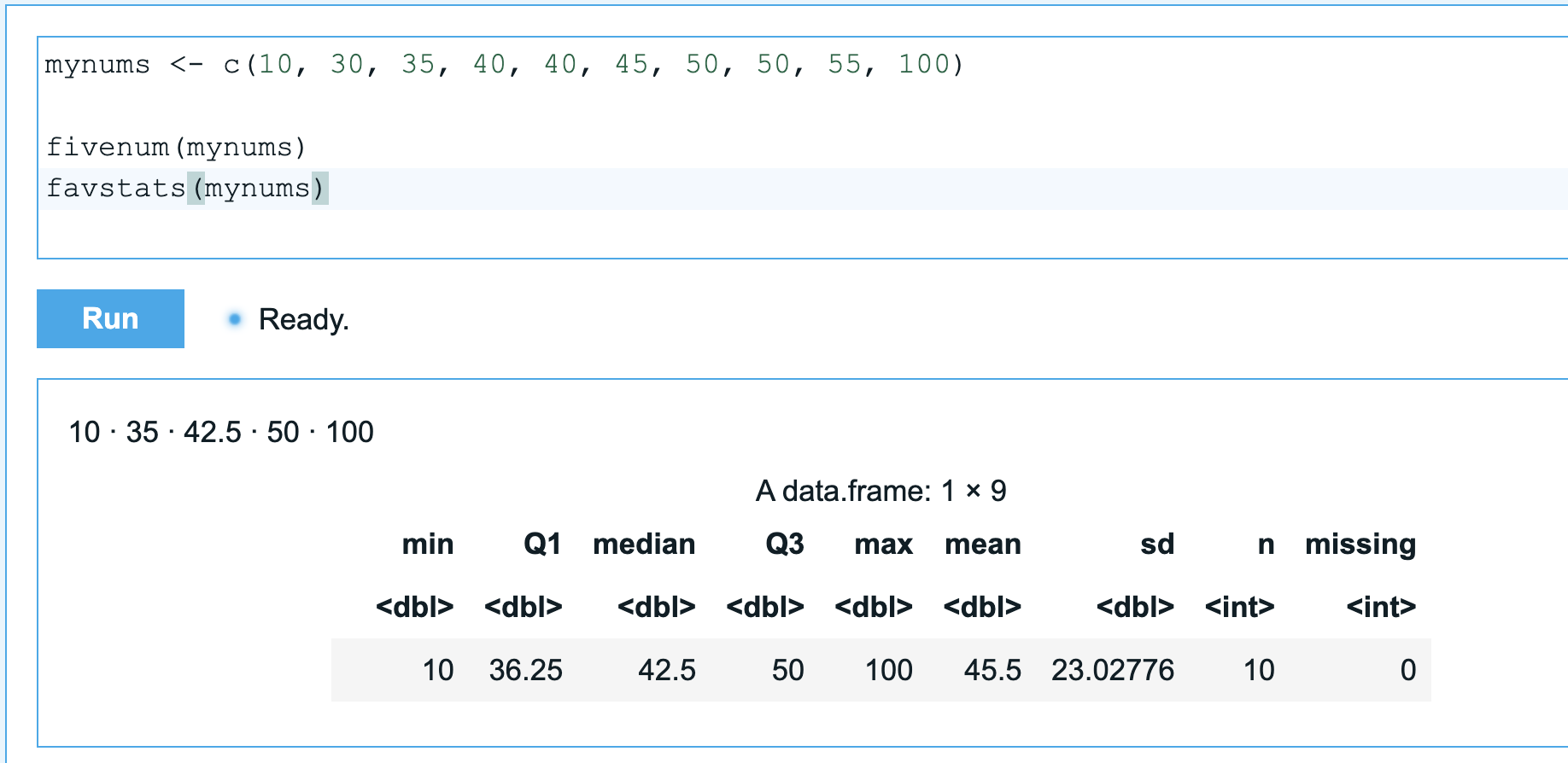 output of mynums and favstats() function