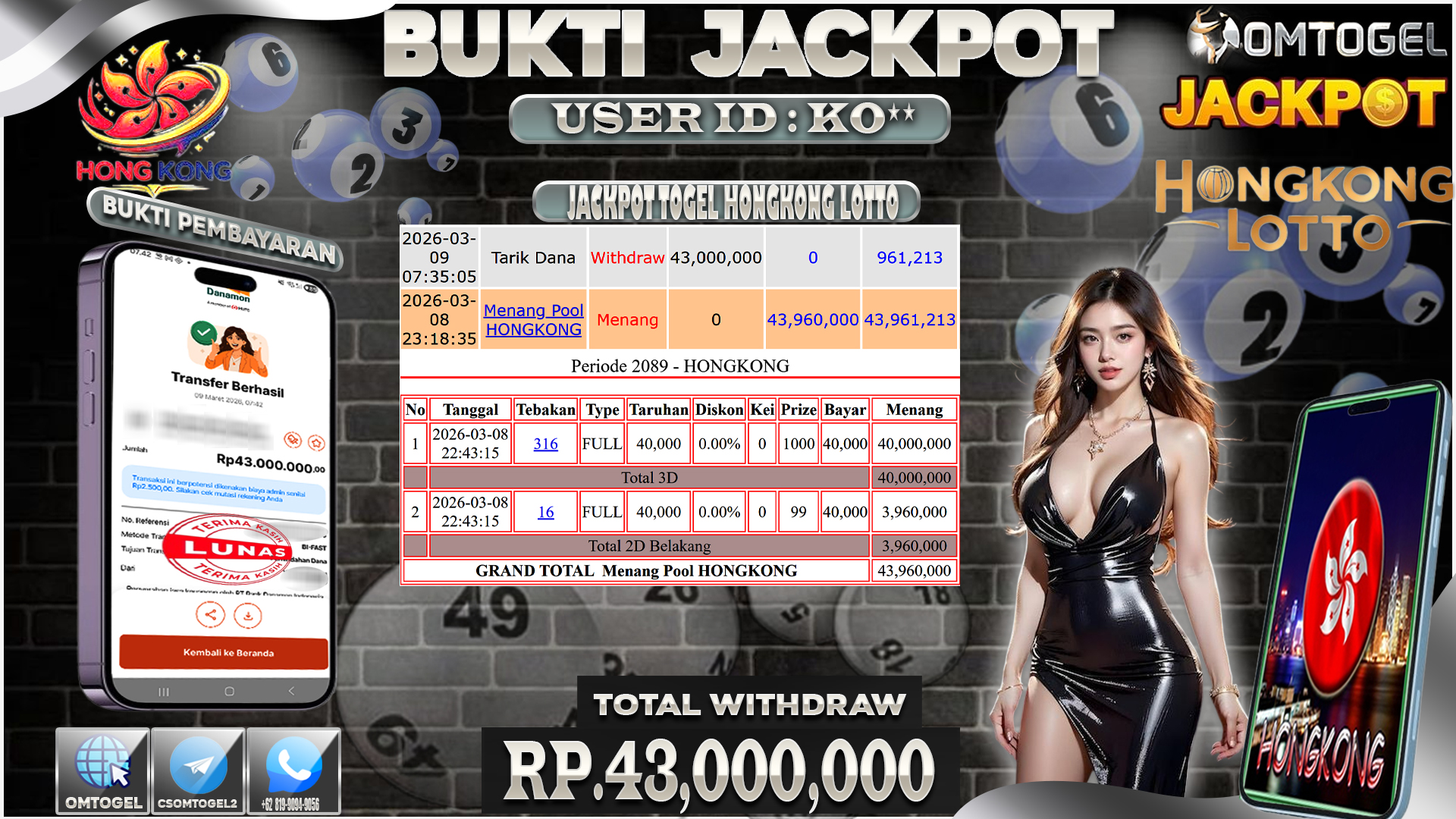 OMTOGEL JACKPOT TOGEL HONGKONG LOTTO 3D 2D, 43 JUTA DI BAYAR LUNAS ,-