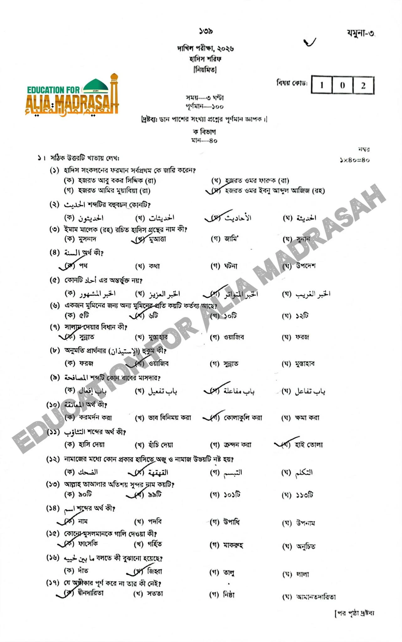 দাখিল হাদিস শরিফ পরীক্ষার প্রশ্ন ও সমাধান ২০২৬ PDF