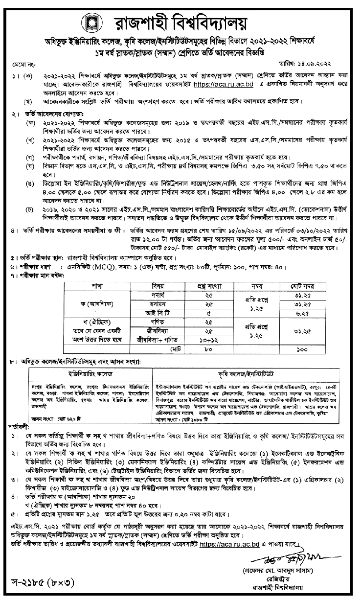 রাজশাহী বিশ্ববিদ্যালয় অধিভুক্ত কলেজ ভর্তি বিজ্ঞপ্তি ২০২২ (কৃষি কলেজ ও ইন্সটিটিউট) 3