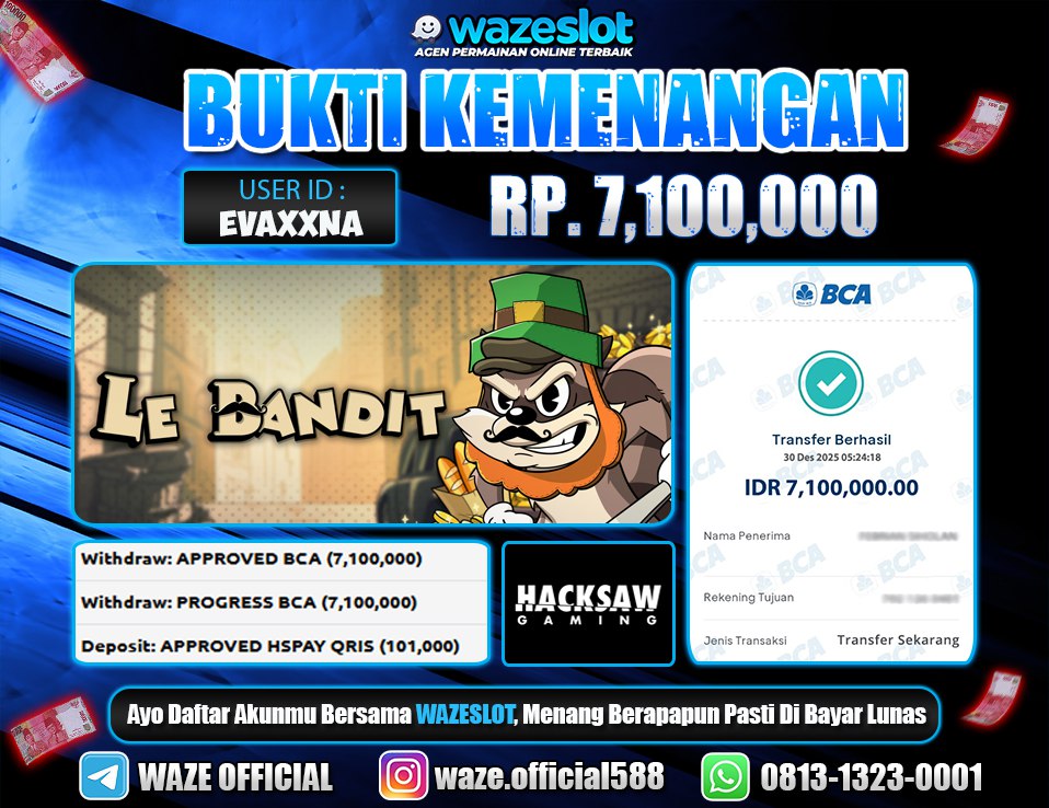 BUKTI KEMENANGAN 30 DESEMBER 2025 GAME LE BANDIT (HACKSAW GAMING)
