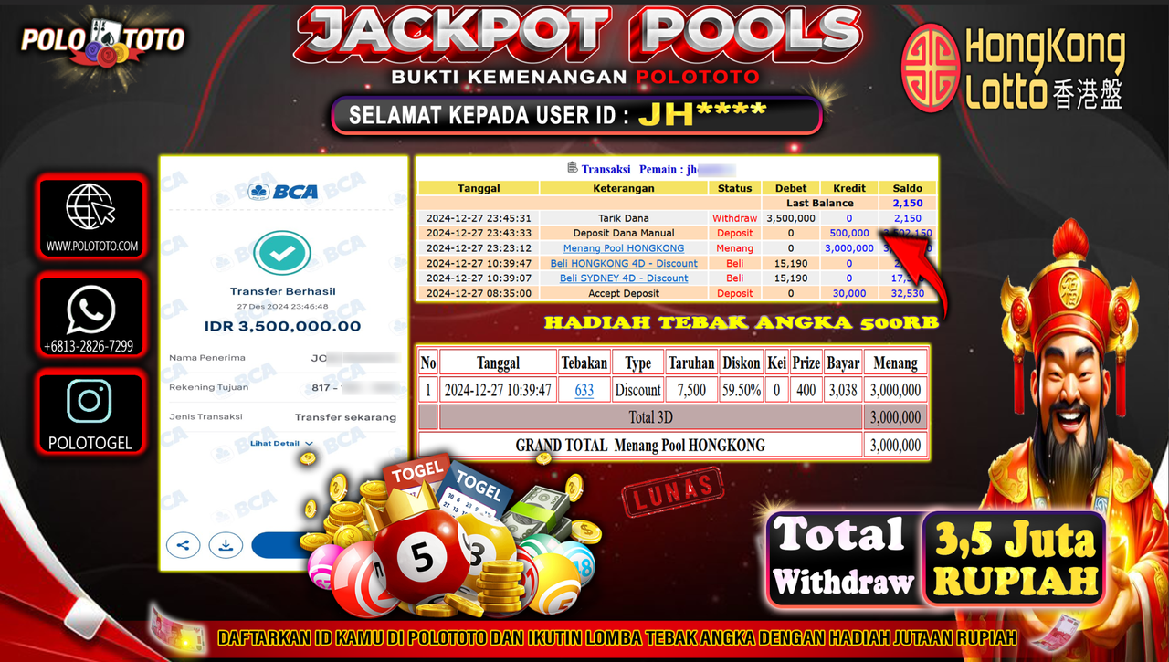 POLOTOTO JACKPOT TOGEL PASARAN HONGKONG Rp.3,500.000,-