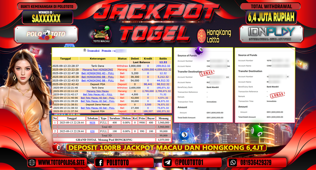 POLOTOTO JACKPOT TOGEL TOTO MACAU & HONGKONG LOTTO Rp.6.400.000,-