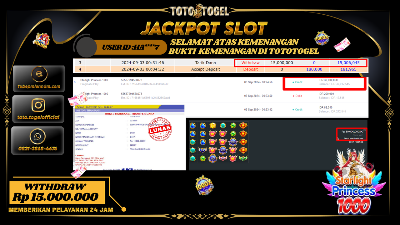 Bukti Kemenangan Permainan Slot Starlight Princess 1000 Dengan ID : HA****7  Terbayar Lunas!!