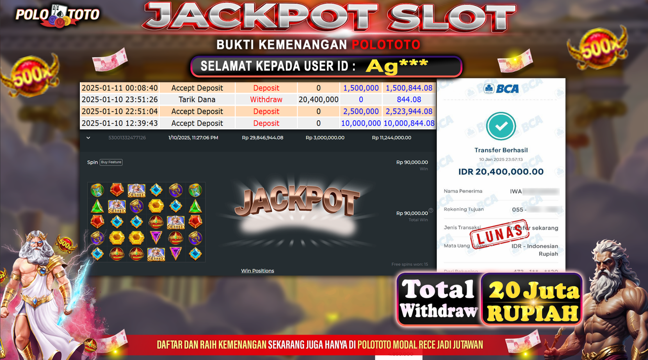 POLOTOTO JACKPOT SLOT GATES OF OLYMPUS 1000 Rp.20,400.000,-