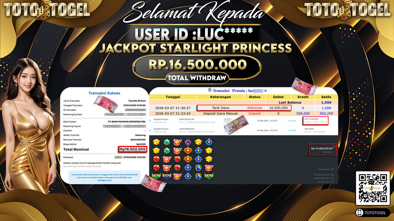 Bukti Pembayaran Jackpot Permainan Slot Starlight Princess ID:LUC*****LUNAS