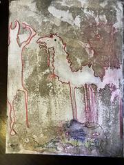 Beginning of an abstract painting consisting of brass, red, white, green and navy.  Shapes are amorphous.