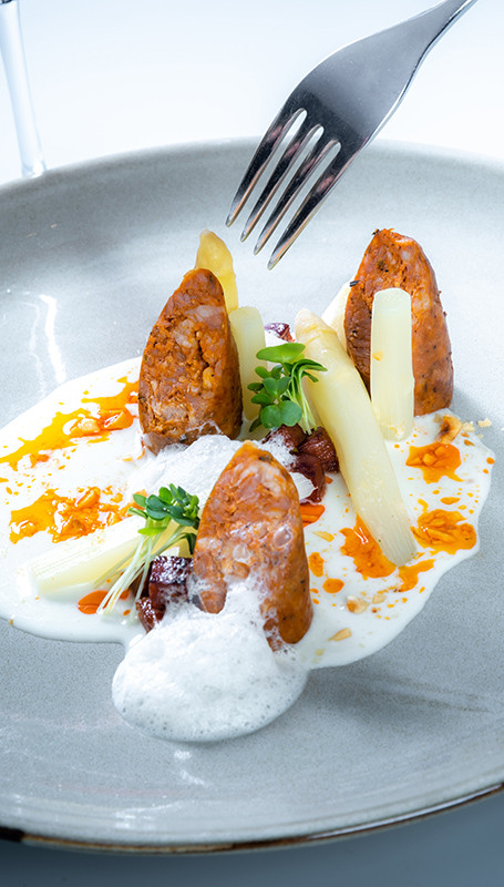 White Asparagus with Chorizo Hazelnut and White Asparagus Sauce
