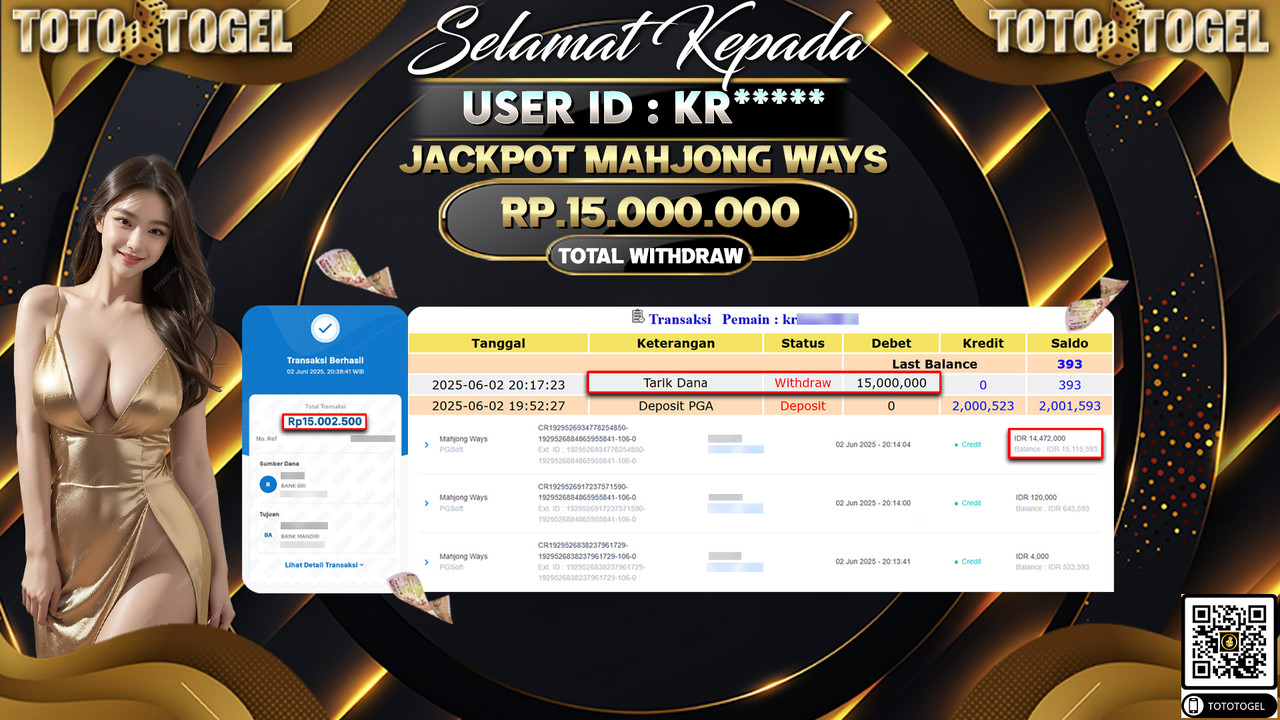 Bukti Pembayaran Jackpot Permainan Slot Mahjong Ways ID:KR***** LUNAS