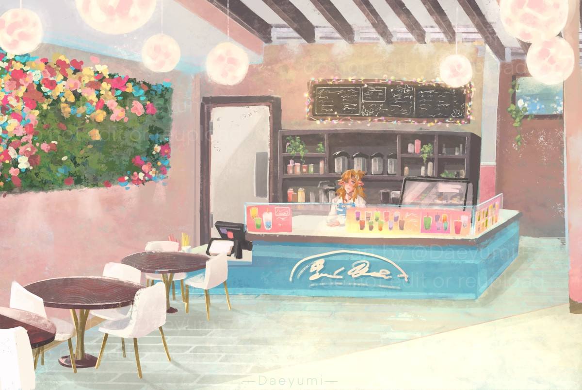 A digital painting of the interior of a boba tea shop. The room is painted in pale pinks and white, and contains a few sets of tables and chairs, a large faux foliage and flower arrangement on part of the left wall, and a cafe counter at the back of the room. Link stands behind the counter, hair partially tied back and wearing a white button up shirt with blue apron.